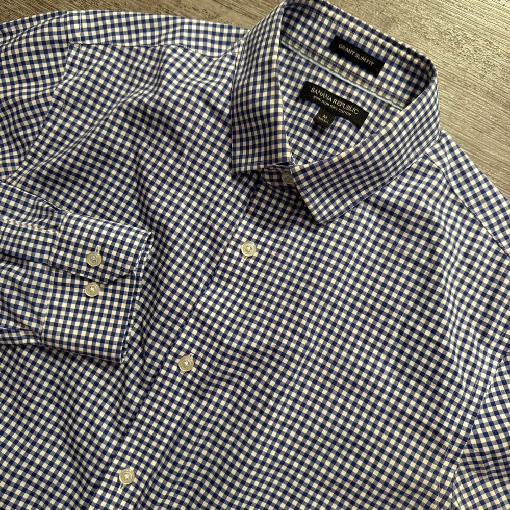 Banana Republic Shirt Mens M Blue‎ Cotton Grant Slim Fit Gingham Preppy Casual